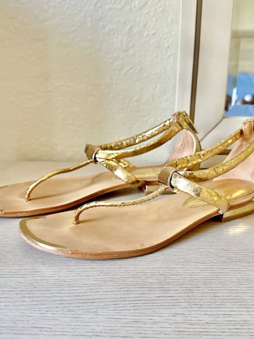 ISOLA METALLIC GOLD STRAPPY TOE THONG SANDALS BACK TIE BRAIDED - SIZE 7